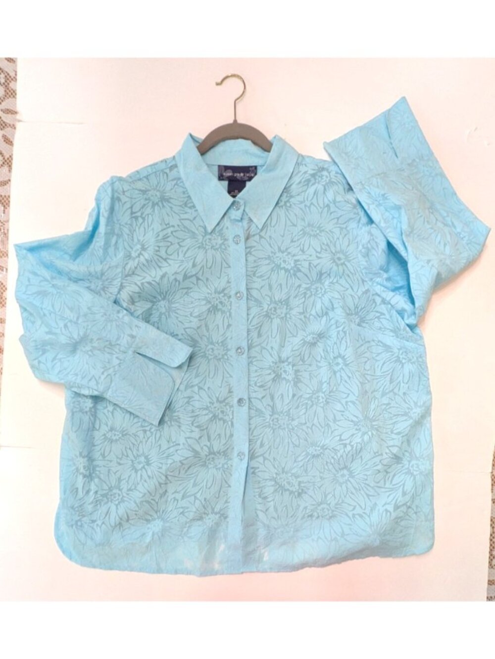 Susan Graver 2 Pc Top Button Up Blouse and Tank Size 2X Sheer Blue Floral